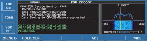 4 RECEIVE MODES Operating FSK A DSP-based high-quality Baudot FSK decoder is built-in to the IC-R9500.