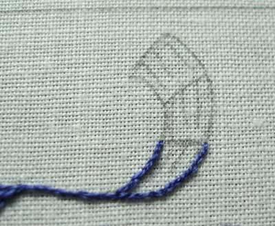 Lesson 5, Page 15 Continuing with the dark blue (158), stem stitch the line between the main part of the ribbon and the top curl.