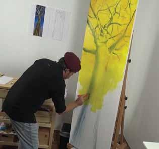 13 3. Tinting the canvas Squeeze out some Medium Yellow and Yellow Ochre. Use a 75mm Wide Artists Taklon Brush and cover the entire canvas.