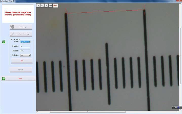 5. Enter the name for the calibration file and the length of the line you draw.