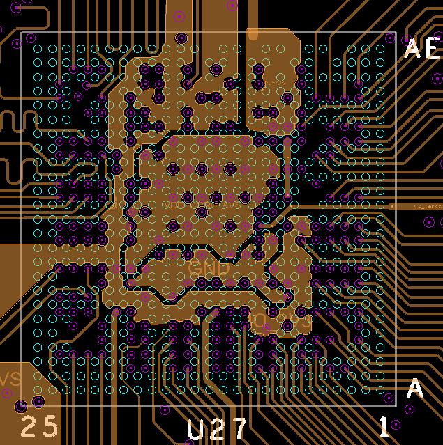 J6Entry VCA: Deeper breakout in less layers PCB Layer 3 Signal #2 VCA concentrates breakout vias to be into specific areas allowing routing channels.