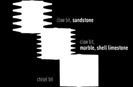 500 Claw- and chisel bits y for sand stone flat, coarse toothing y marble and shell limestone -pointed, fine toothing shape application width teeth tooth interval claw bit sandstone 15 3 5 A03.