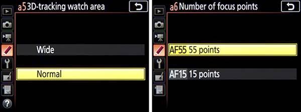Figure 3.56-3D-Tracking Watch Area options of Wide and Normal. Right: Number of Focus Points, to choose if 55 AF Points or 15 AF Points are selectable in the Viewfinder.