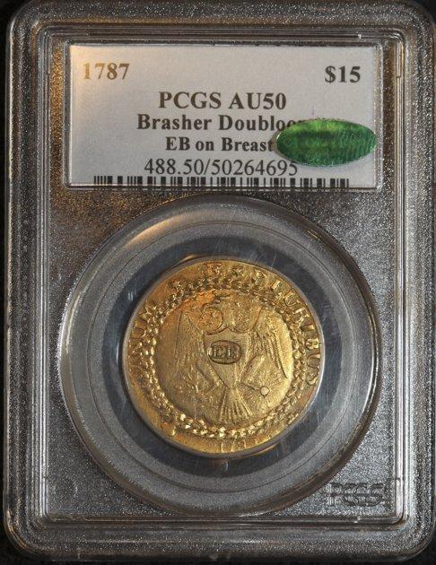 1787 gold Brasher doubloon was sold for $7.4 million in Dec. 2011 Minted by Ephraim Brasher, Virginia goldsmith and neighbor of George Washington 26.66 grams of gold slightly less than an ounce.