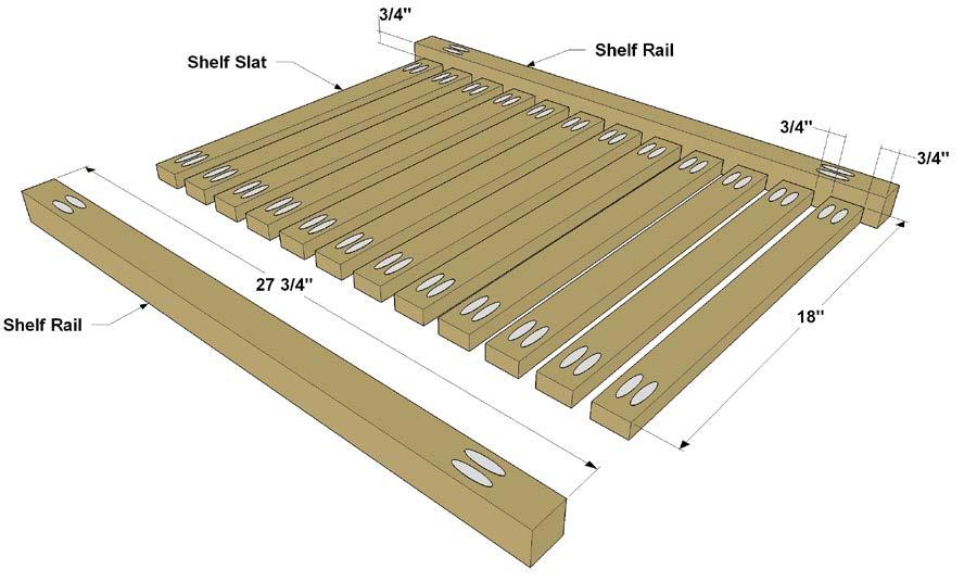 Step 1: Cut 24 Shelf Slats from 1x2 pine boards as shown in the cutting diagram. Set your pocket hole jig for 3/4" thick material, and then drill pocket holes in all of the Slats where shown.
