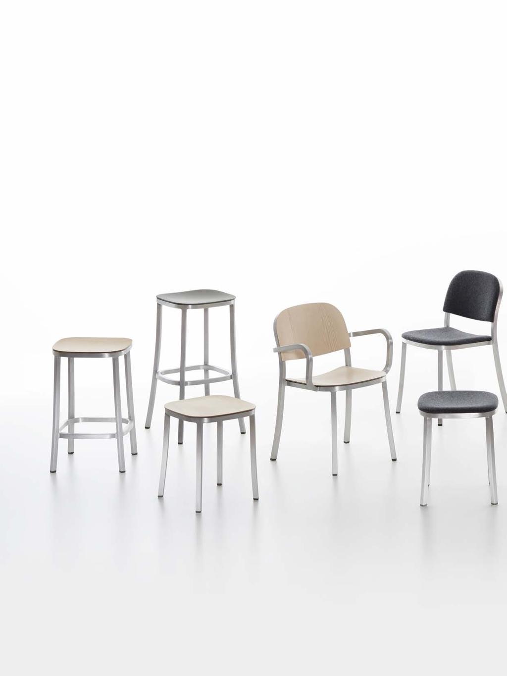 The 1 Inch family of seats features a chair, armchair and stools in three heights.