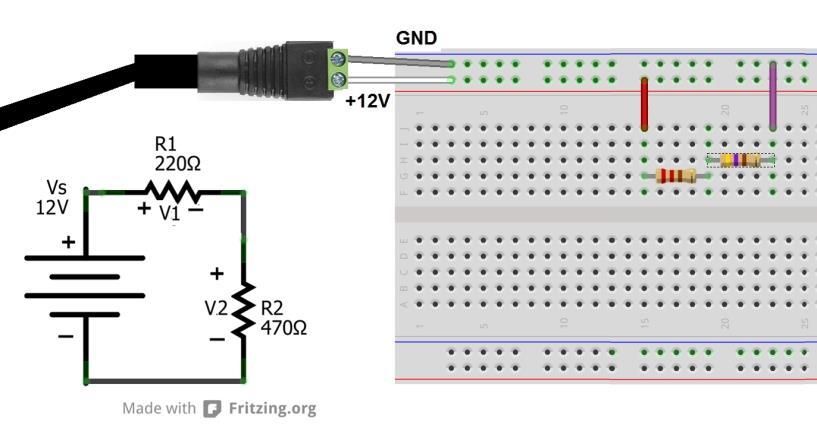 When you plug a power supply into the barrel jack, a voltage potential of +12V will extend along the red horizontal line marking the top power strip of the breadboard.