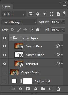 The layers: When the Cartoonizer action completes, a layers group called Cartoon layers is created. Click to expand its contents: it contains 3 layers that make up the overall effect.