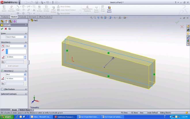 7. SET THE EXTRUDE DETAILS on the property manager, CHANGE DIRECTION TO BLIND then ENTER A DISTANCE OF 4mm