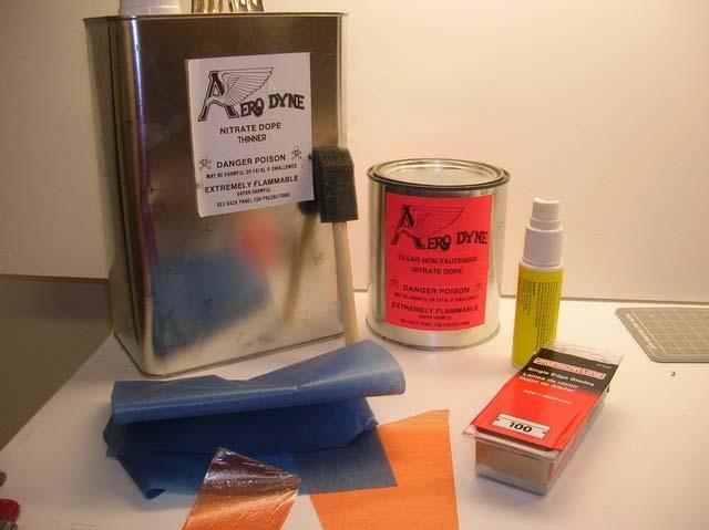 Materials I use to attach tissue to mylar: 1. Tissue: I use Japanese Esaki tissue. 2. Nitrate Dope: 3. Dope thinner: 4. Paint Brush/ foam brush: To apply thinned dope 5.