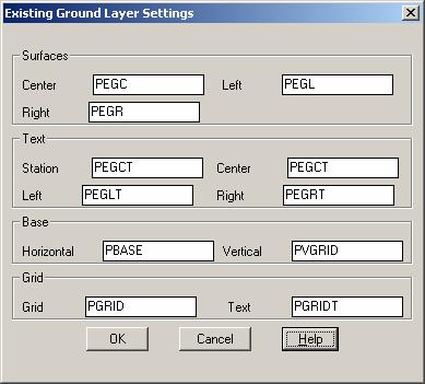 Existing Ground Layer Settings (EG) PC has adopted the layer names in the Existing Ground Layer Settings dialog box.