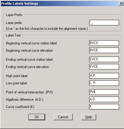 Profile Labels Settings PC has adopted the layer names in the Profile Labels Settings dialog box, with the exception of High and Low Points Labels, they have been modified to H.P. & L.P. respectively.