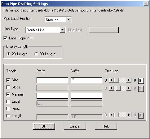 Pipes Drafting Labels Plan & Profile Use the Plan Pipe Drafting Settings dialog box to set the finish draft plan pipe settings.