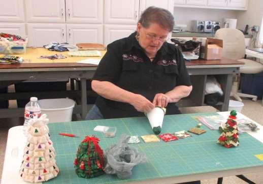 Quilter Gaye McNett giving a class on making a fabric Christmas Tree.