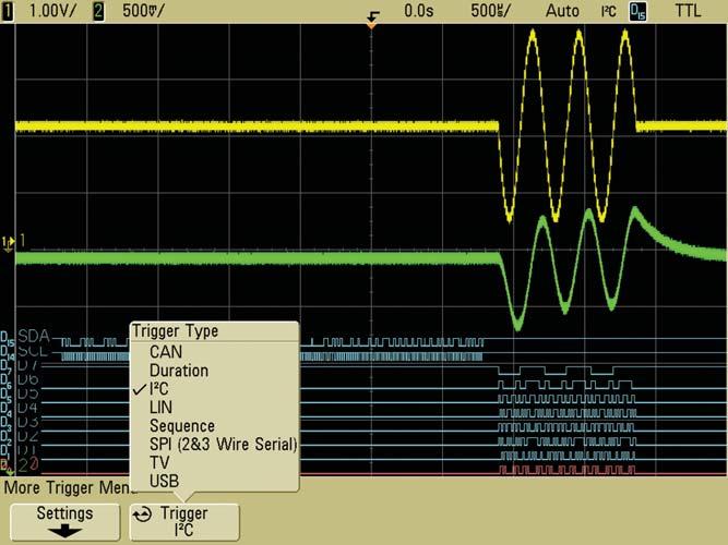 Turning on and debugging an embedded chirp design with an MSO (continued) Using the MSO s I 2 C triggering capability, the scope was able to synchronize acquisitions on specific serial input