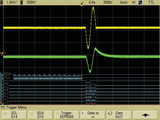 Figure 6 shows the MSO s ability to trigger on a 3-cycle chirp with I 2 C triggering on specific serial address and data content, and Figure 7 shows the scope s ability to trigger on a 1-cycle chirp.