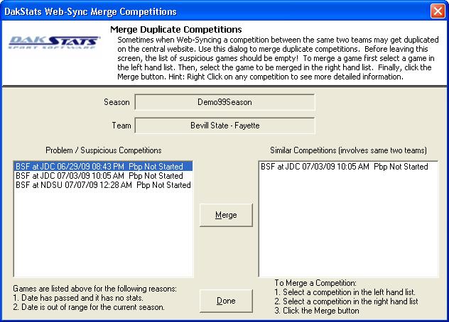 Merging Competitions Games will occasionally be duplicated if not created properly. DakStats will ask the user to merge these games during the sync.