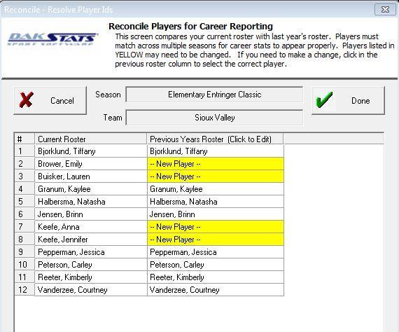 Reconcile Career Player IDs If a school has used the Web-Sync service in previous years and there are returning players, players years can be linked to produce career statistics.