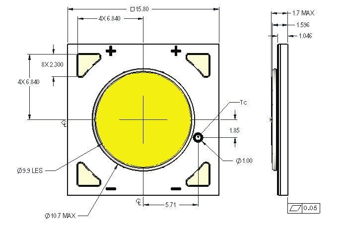 Mechanical Dimensions Figure 10: Drawing for V10 LED Array Notes for Figure 10: 1. Solder pads are labeled + and - to denote positive and negative polarity, respectively. 2.