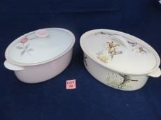 38 2 Oval serving dishes with lids- one is pink and white