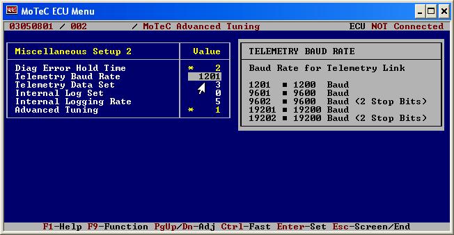 "Telemetry Baud Rate" and "Telemetry Data Set" need to be set; Select