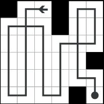 Following the path from the starting square, it may change direction only after facing either a black square or the edge of the grid.