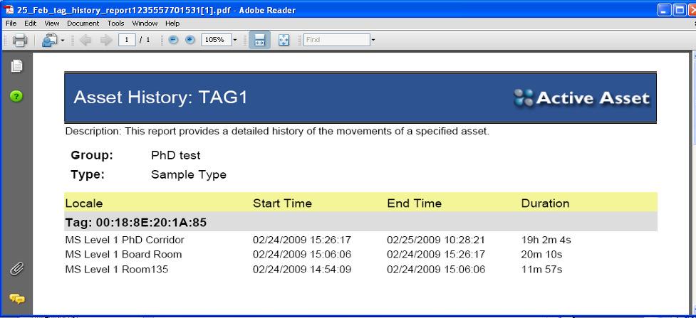 Figure 4: Asset Tag History from Active Asset Application The active asset software also allows the querying of history from any device that has been tracked.