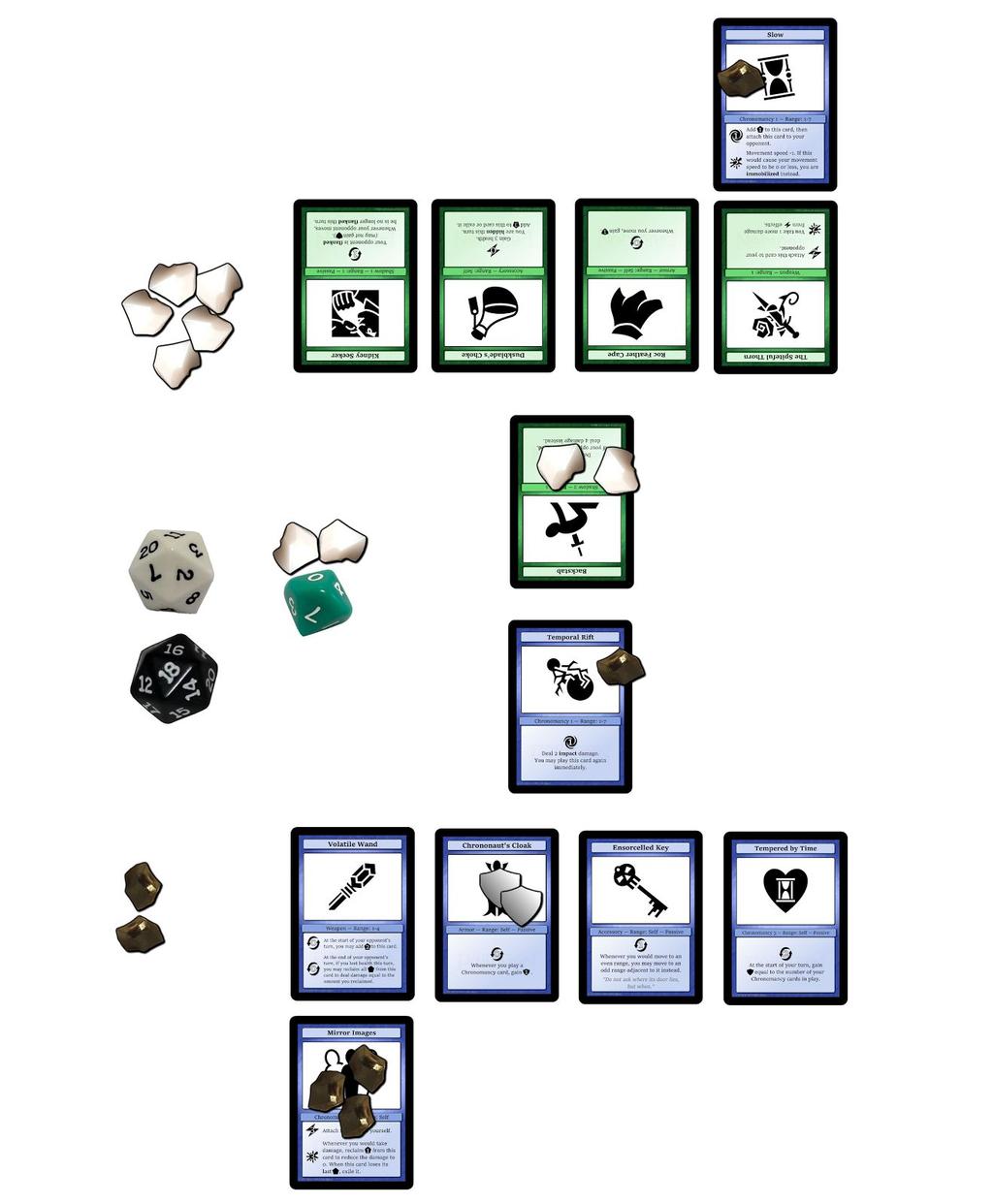 Example mid-game board. Your opponent s cards are green, and yours are blue.