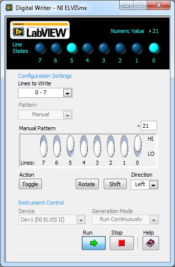 6. Using the vertical slide switches, select any 8-bit pattern and output that pattern to the NI ELVIS II digital lines.