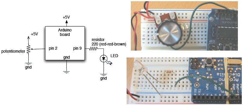 Now run the program PotDimmer by Tod Kurt to control the brightness of the LED using the pot. Observe how the LED light fades and intensifies depending on the position of the pot.