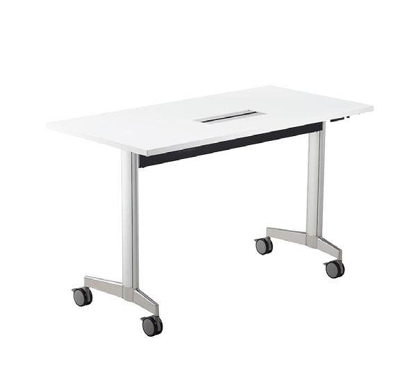 Handled simultaneously, steel bars concealed in black coated steel profiles, grip the spring mechanism and lock/unlock steel profiles from the structural power beam, allowing the table top to flip.