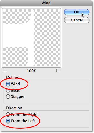 This brings up the Wind filter dialog box, which consists of a preview area in the top left and a few options below it. The options are divided into two sections, Method and Direction.