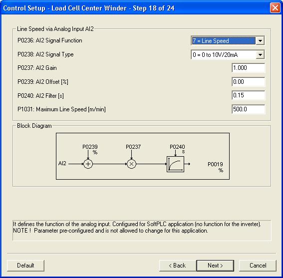 WLP Aplicative Configuration It presents the parameter for selecting the source of line speed (torque limit mode and speed mode): P1030: Line Speed Source Selection 17-0 It presents the parameter for