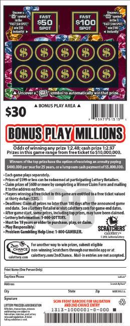 JUNE 2018 $ 30 GAME #1313 BONUS PLAY MILLIONS BONUS PLAY ON THE BACK! WIN UP TO,000,000! 42 CHANCES TO WIN!