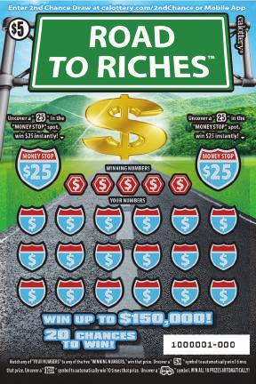 $ 5 GAME #1311 ROAD TO RICHES JUNE 2018 TWO 5 MONEY STOPS! WIN UP TO $150,000! 20 CHANCES TO WIN! PRIZE PAYOUT 68% After game start, some prizes, including top prizes, may have been claimed.