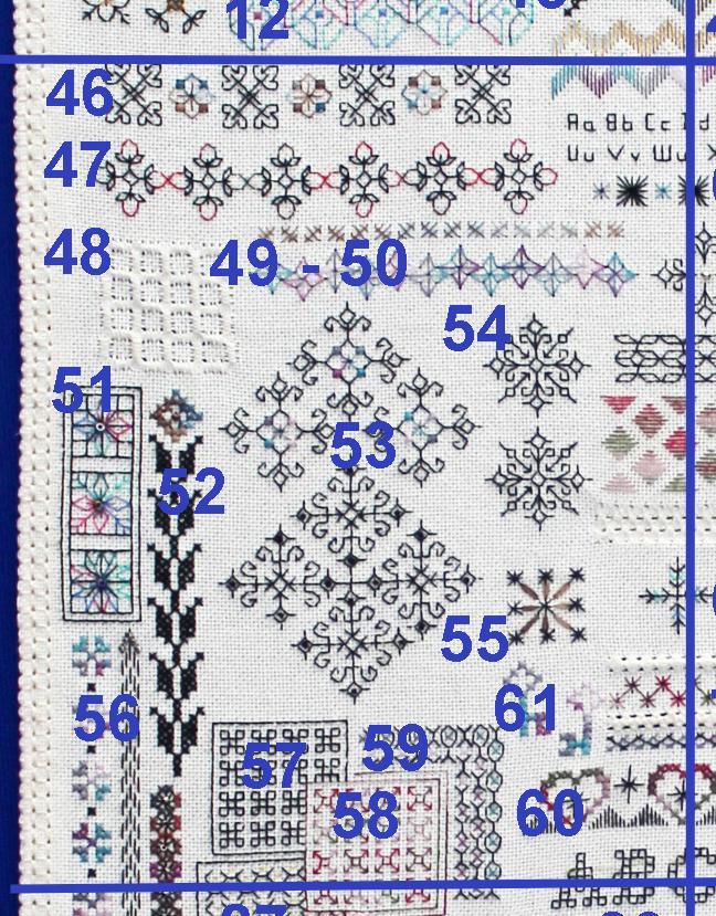 white, antique white or cream Zweigart 25 count Lugana, white or cream There are 12 pages of patterns. One page will be placed in 'Freebies' in Blackwork Journey every month.