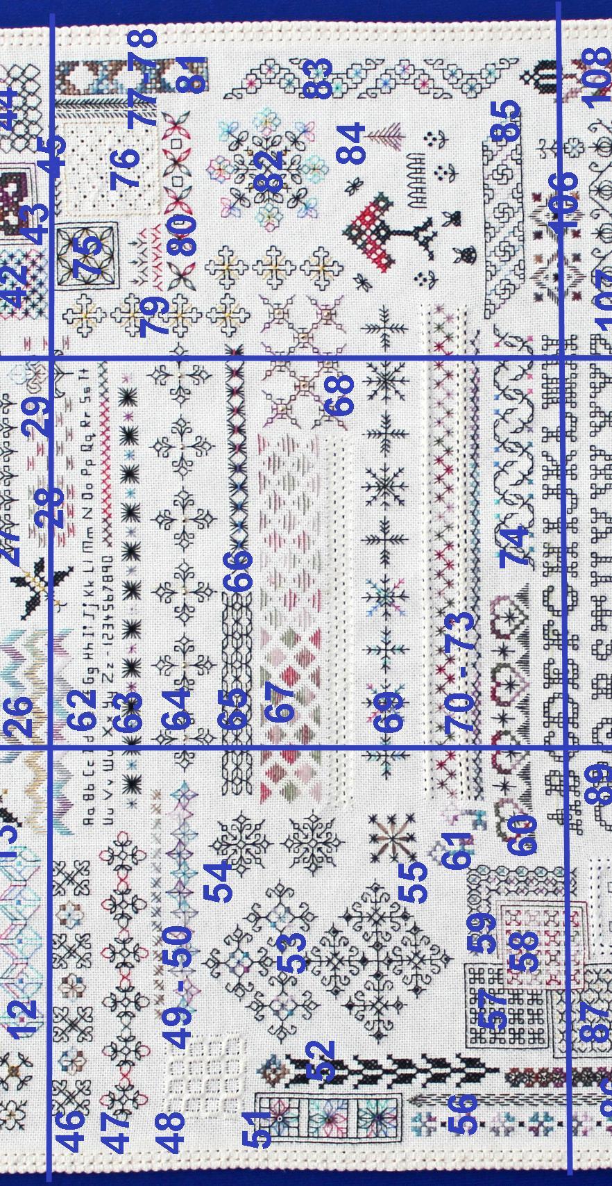 'Sublime Stitches' Evenweave Pages 4-6 Patterns 46-85 To help position the patterns correctly on the fabric and to see how they relate to each other look carefully at the embroidery.