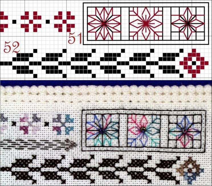 Pattern 51 Stained Glass Windows and Pattern 52 Hungarian Cross Stitch Motif Technique: Blackwork Stitches used: Back stitch Threads: DMC 310, 4507
