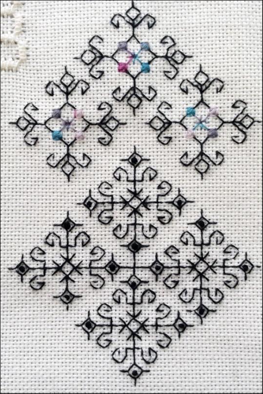 Pattern 53 Wrought Iron Technique: Blackwork Stitches used: Back stitch, Cross stitch, two strands, Colonial or French knots, two strands Threads: