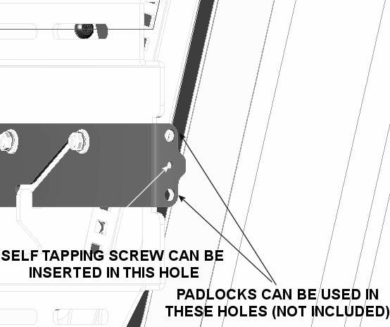 If desired, install self tapping screws (220) and/or padlocks (not