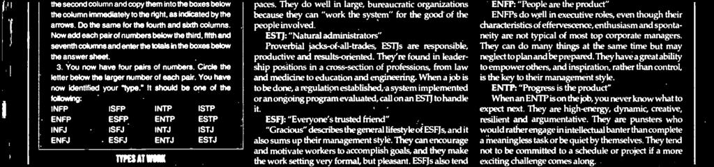The downside: They're restless and hyperactive. ESFP: "Let's make work fun" Free -spirited, nervy and nonconformist - and if the work is not fun, ESFPs tend to drop it and move on.
