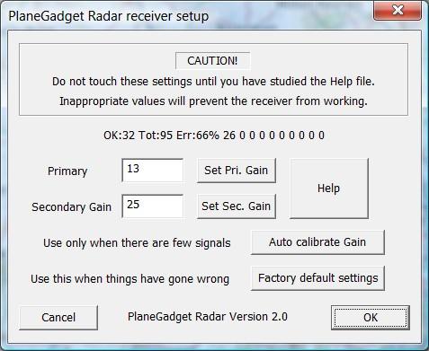 Advanced Receiver Set Up You may have noticed the menu above at the top has Mode-S receiver as an option. Hold the mouse over Mode-receiver, then over PlaneGadget radar, and select Set up Receiver.