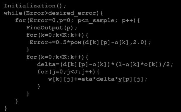 x Program of delta learnng rule for sngle laer neural or Intalzaton(; hle(error>desred_error{ for(error=0,p=0; p<n_sample; p++{ FndOutput(p; for(=0;<k;++{ Error+=0.5*po(d[][p]-o[],.