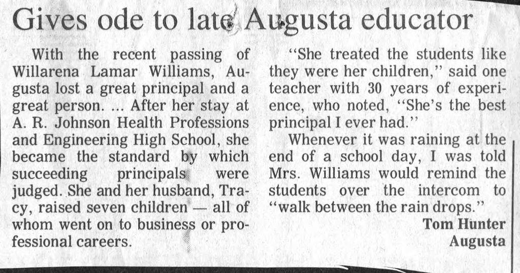 Gives ode to lat$ Augusta educator With the recent passing of Willarena Lamar Williams, Au gusta lost a great principal and a great person.... After her stay at A. R.