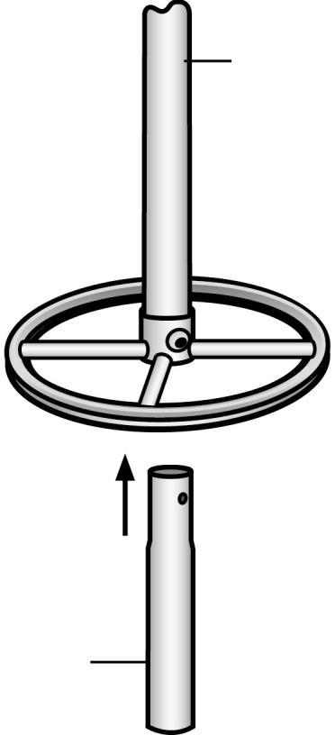 8. Place the Center Fitting (2) on top of the Center Pole (4). Align the holes of the Center Fitting (2) with the holes in the Center Pole (4). 9.