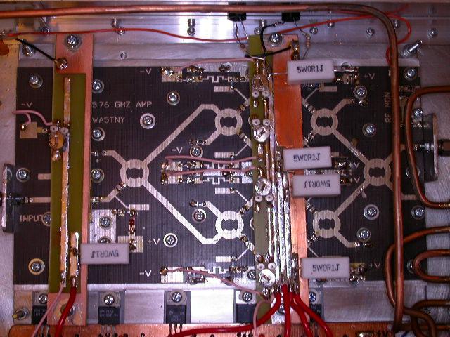 Main Board showing input driver, microstripline splitters and combiners The above board DC distribution rails for