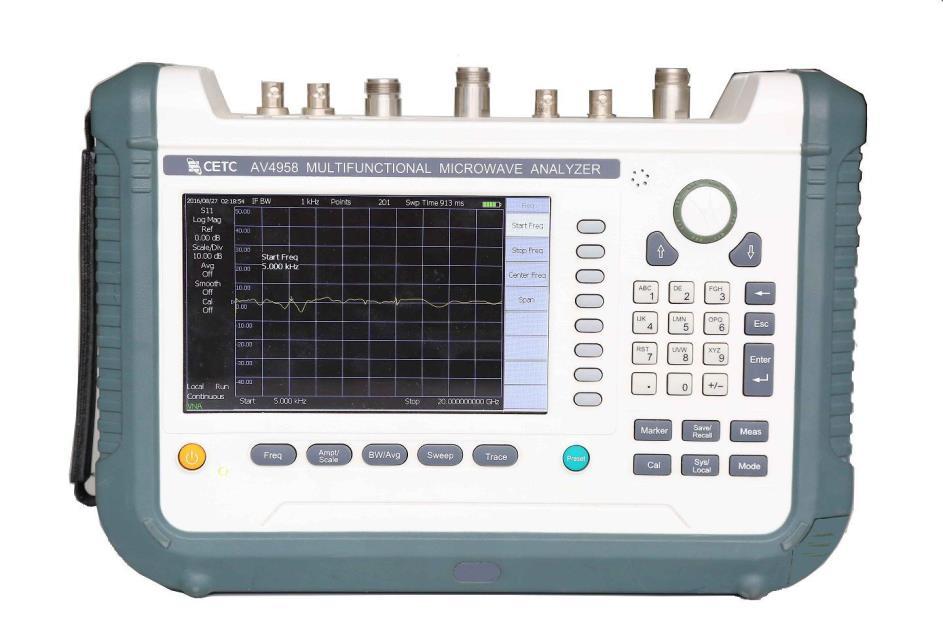 AV4958 (1MHz~20GHz) Multifunctional Microwave Analyzer Product Overview AV4958 Multifunctional Microwave Analyzer integrates multiple functions, such as tests of cable and antenna SWR, distance to
