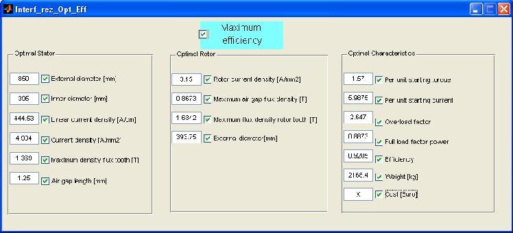 Figure 6. The optimal design parameters - the optimization criterion: maximum efficiency. Figure 7.