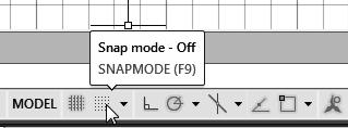 1-12 AutoCAD 2018 Tutorial: 2D Fundamentals SNAP MODE ON 1. Left-click the SNAP MODE button in the Status Bar to turn ON the SNAP option. 2. Move the cursor inside the graphics window, and move the cursor diagonally on the screen.