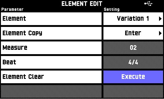Using the Pattern Sequencer To edit an element 1. On the PATTERN SEQUENCER screen, touch Element Edit. This displays the ELEMENT EDIT screen. 2. Configure parameter settings as required.